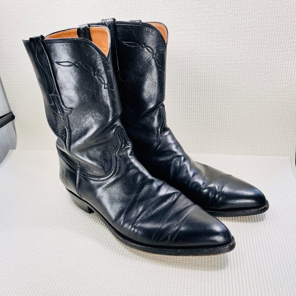 Lucchese Made In USA Vintage L8504 Roper Boots Smooth Black Mens Size 12 D - Picture 11 of 11